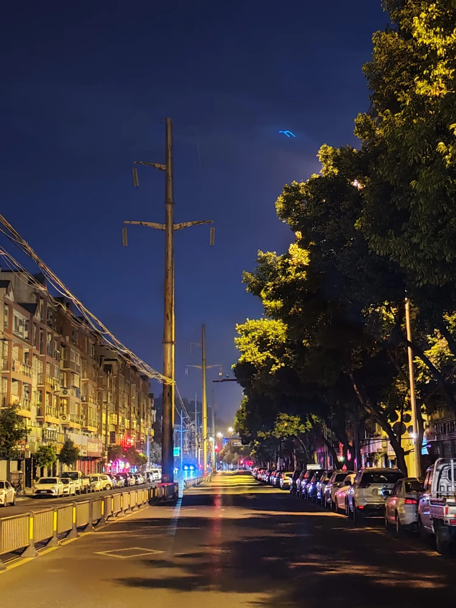 夜色中被路灯照亮的城市街道