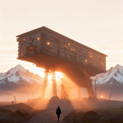 夕阳穿过山地建筑的暖色场景